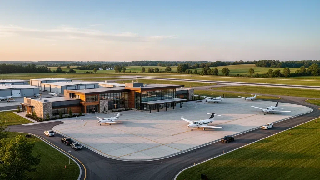 Terminal d'aviation générale moderne, hangars et piste de l'aéroport régional du comté de Butler - Hogan Field dans l'Ohio à l'heure dorée