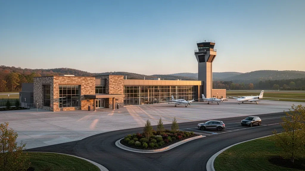 Modern terminal, apron aircraft and curved access road at Capital City Airport near Harrisburg, Pennsylvania, in warm golden-hour light