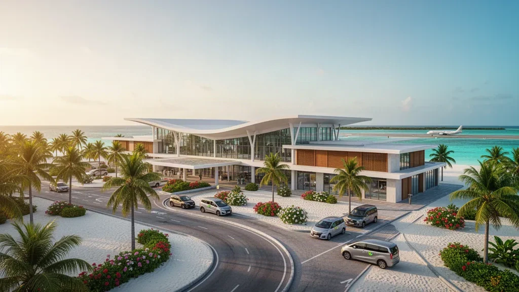 Modernes Glas-Terminal am Hanimaadhoo International Airport auf den Malediven, umrahmt von Palmen und einer türkisfarbenen Lagune zur goldenen Stunde