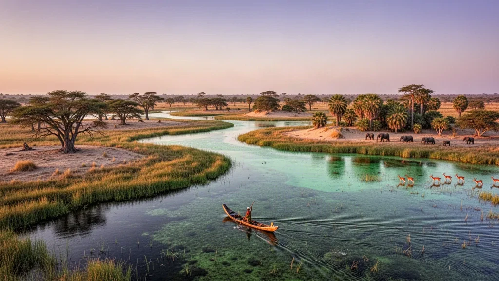 Vue aérienne des zones humides du delta de l'Okavango près de Maun, au Botswana, avec un canoë mokoro glissant dans des chenaux bordés de roseaux au coucher du soleil