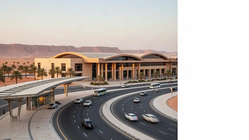 Fachada moderna de la terminal y carriles de bajada de pasajeros en el Aeropuerto Internacional de Hail, Arabia Saudí, bajo la cálida luz dorada del atardecer en el desierto