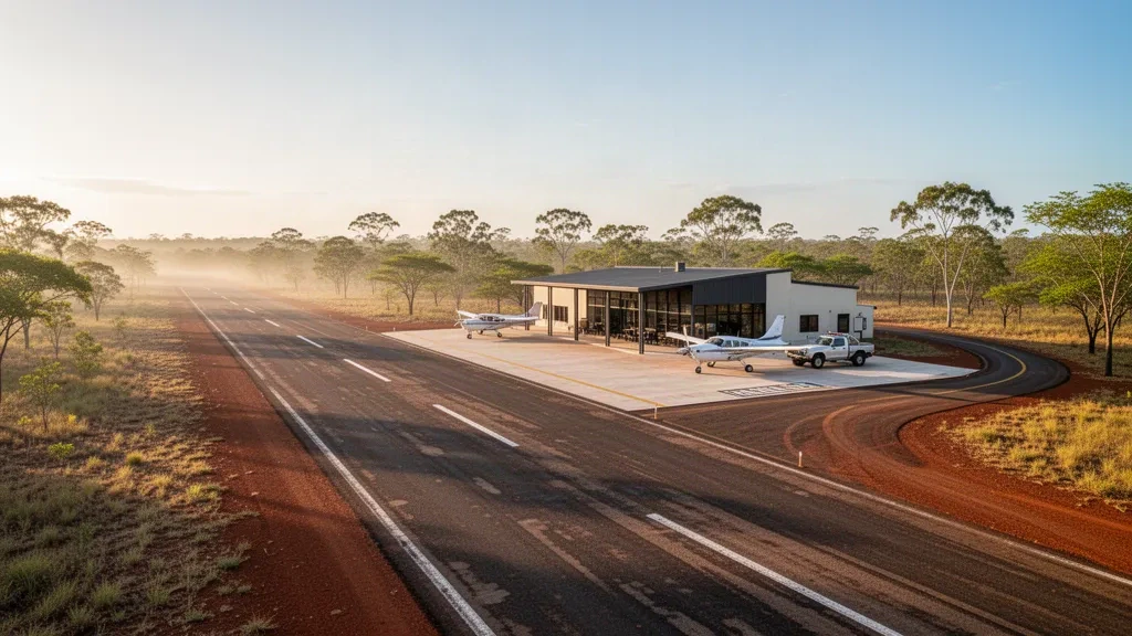 Piccolo terminal aeroportuale regionale e pista di atterraggio tra la savana tropicale vicino a Heathlands, penisola di Cape York, Queensland.