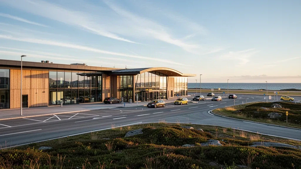 Esterno del terminal moderno in vetro e legno dell'Aeroporto di Haugesund, Karmøy, con paesaggio costiero e cielo nordico