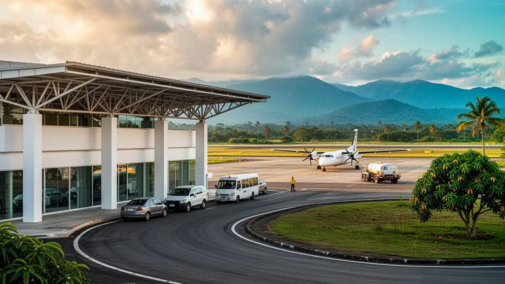 Terminal régional tropical, tarmac et piste à l'aéroport de Hacaritama desservant Aguachica, Colombie, dans une lumière chaude de fin d'après-midi