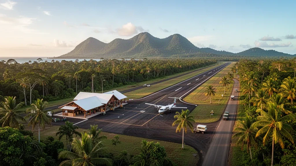 Piste de l'aéroport tropical de Hatzfeldhaven en Papouasie-Nouvelle-Guinée entourée de forêt tropicale, de montagnes côtières et d'une lumière dorée.