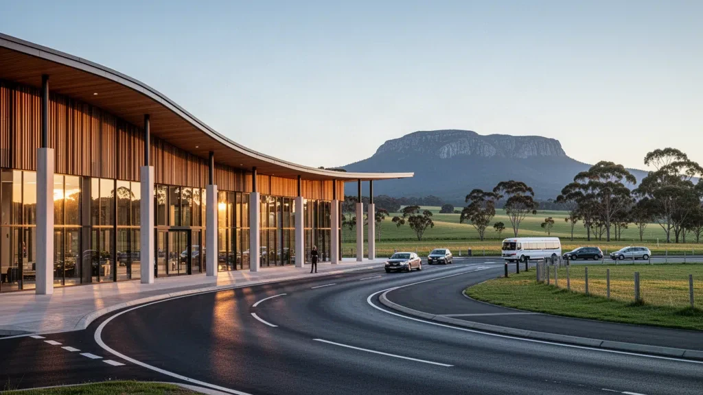 Modern glass and timber terminal exterior at Hobart International Airport with kerbside drop-off lanes and a mountain silhouette at golden hour