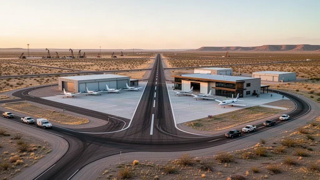 Weitwinkelansicht des Industrial Airpark bei Hobbs, New Mexico, mit einer Wüstenstartbahn, Hangars und abgestellten Leichtflugzeugen unter klarem Himmel