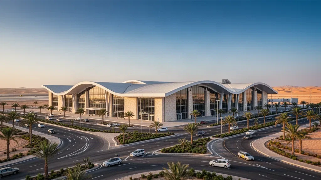 Extérieur moderne en verre du terminal de l'aéroport international d'Alexandrie en Égypte, avec des routes d'accès bordées de palmiers à l'heure dorée.
