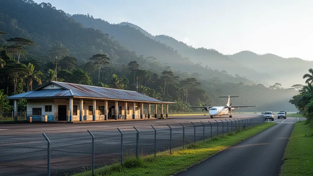 Kleine tropische Hochlandpiste und offener Terminal am Habi Airport in Papua-Neuguinea, mit einem Turboprop-Flugzeug und nebligen Regenwaldkämmen zur goldenen Stunde