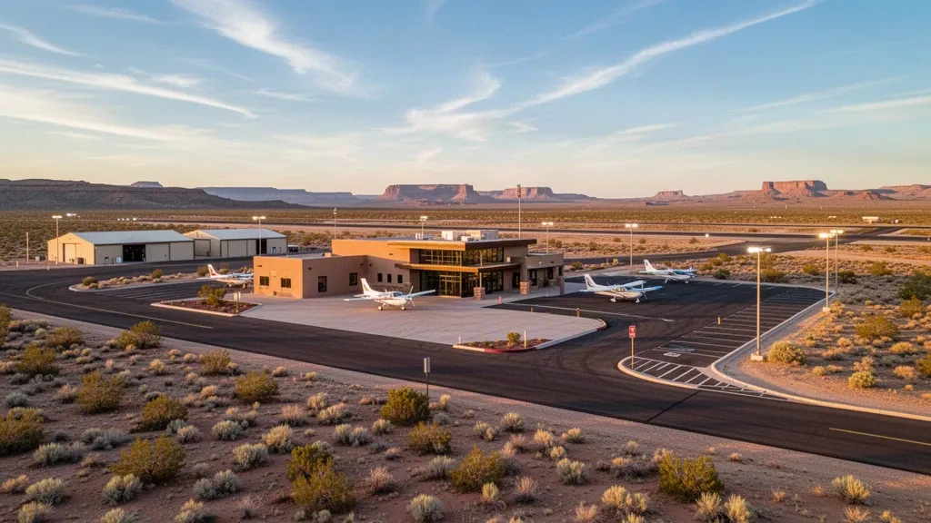 Holbrook Municipal Airport terminal and ramp in Holbrook, Arizona, with general aviation aircraft at golden hour under a wide desert sky.