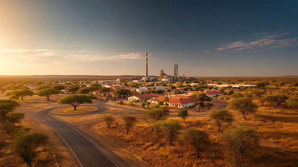 Golden-hour view over Selebi-Phikwe, Botswana, showing the mining town skyline, smelter chimney and surrounding savanna