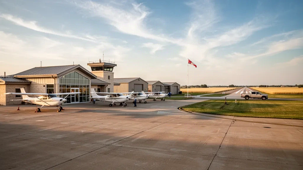 Leichtflugzeug auf dem Vorfeld neben Terminal und Startbahn am Hobart Regional Airport in Oklahoma unter einem weiten Himmel zur goldenen Stunde
