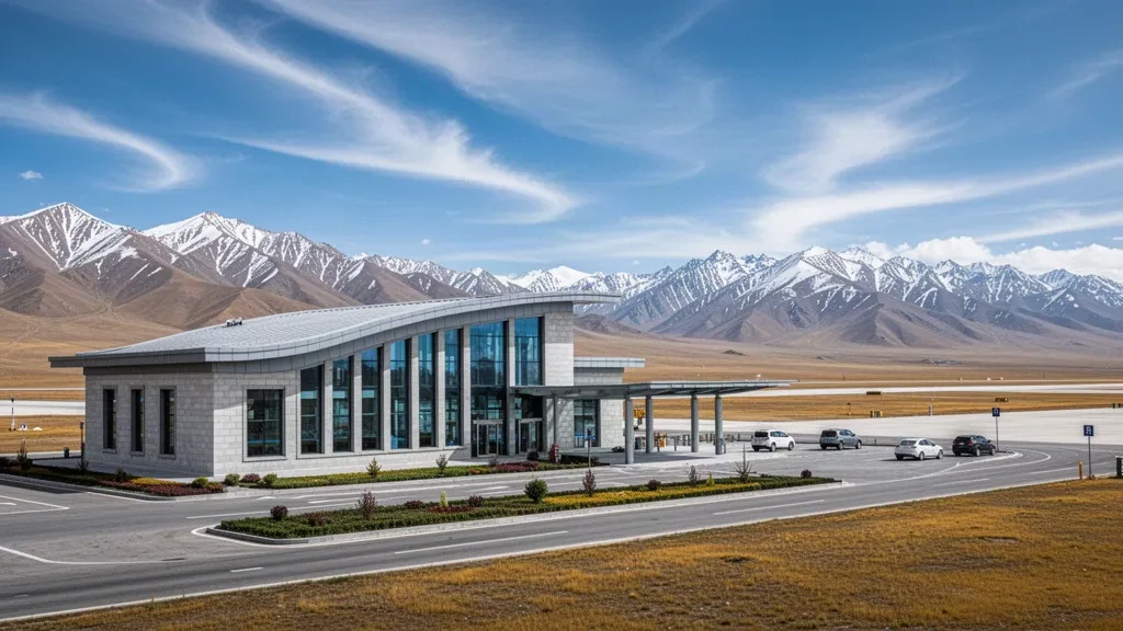Qinghai platosundaki Haibei Qilian Havaalanı'nın, açık mavi gökyüzü altında karla kaplı Qilian Dağları ile çevrili modern terminali.