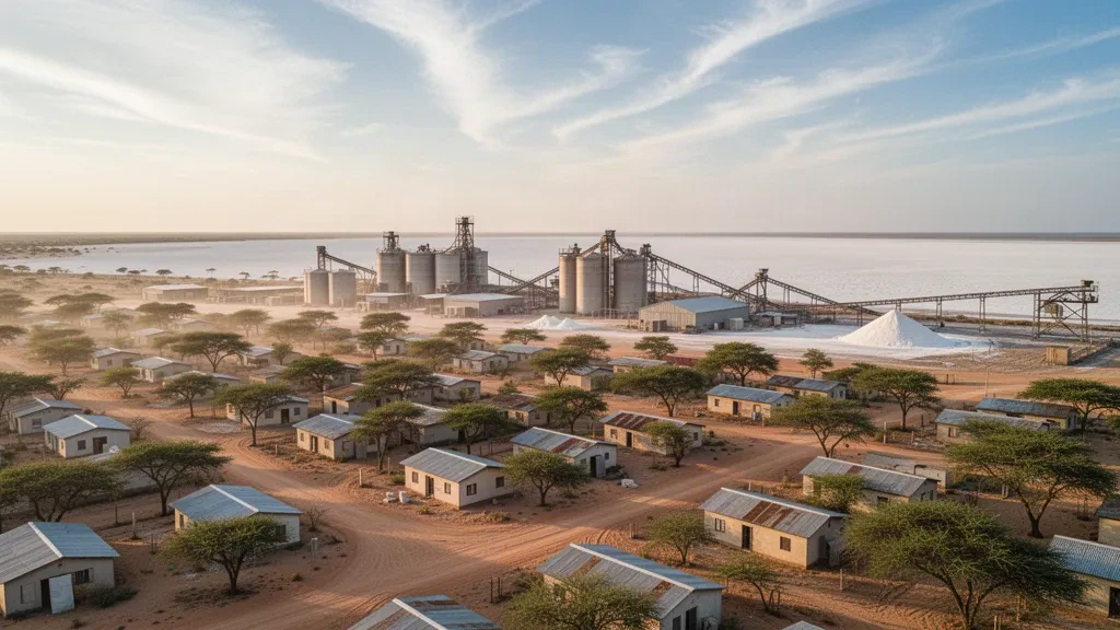 Sowa Town in Botswana beside the Sua Pan salt flats, with the soda ash plant and Makgadikgadi horizon in golden light