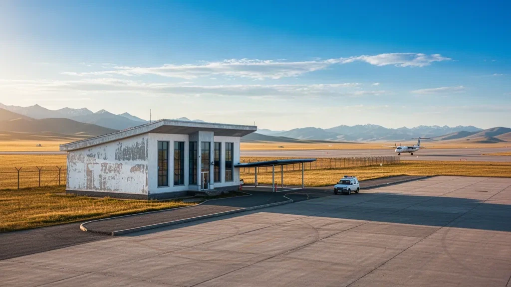 Modest provincial airport terminal and runway apron on the open Mongolian steppe at Bulgan, lit by warm golden-hour sunlight beneath a wide blue sky.