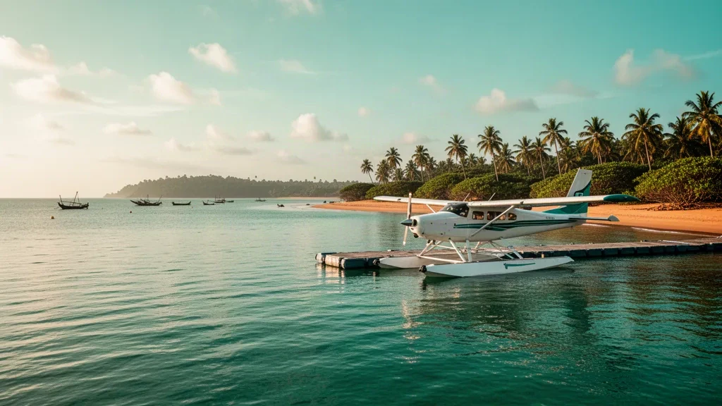 Hydravion amarré à un ponton flottant sur une eau turquoise calme à Hambantota Seaplane Base, dans le sud du Sri Lanka