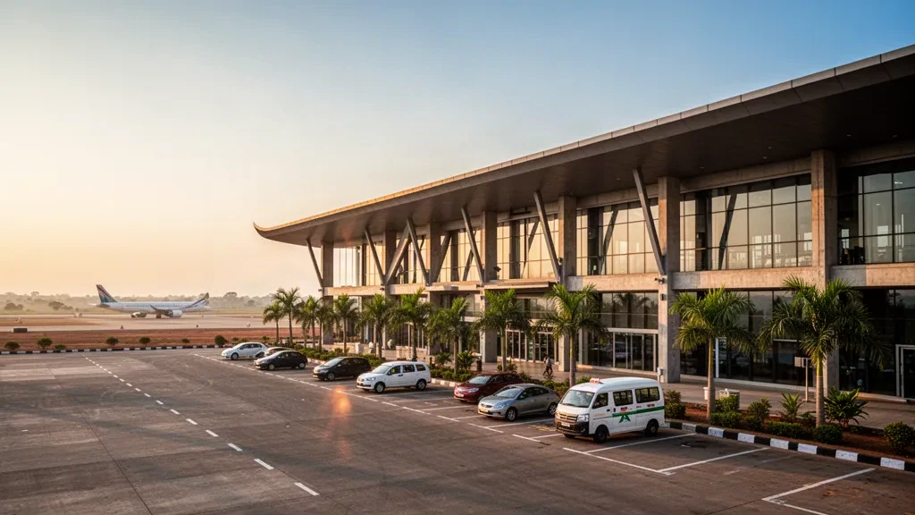 Esterno moderno del terminal in vetro dell'aeroporto di Hubballi in Karnataka con corsie per la sosta breve, palme e luce dell'ora d'oro
