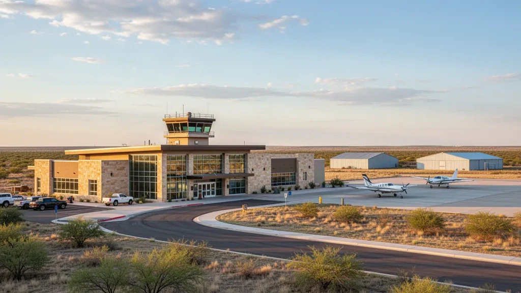 Vista a la hora dorada de una pequeña terminal aeroportuaria del oeste de Texas con aviones estacionados, plataforma y llanuras abiertas en el aeropuerto Big Spring McMahon-Wrinkle