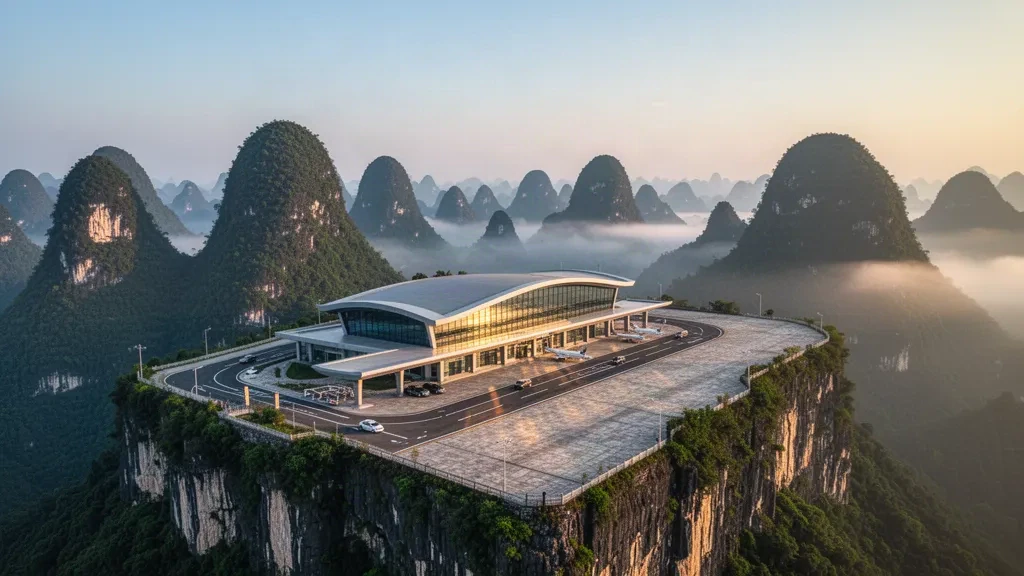 Terminal moderne de l'aéroport de Hechi Jinchengjiang sur un plateau de sommet aplani entouré de pics karstiques verdoyants dans le Guangxi, en Chine