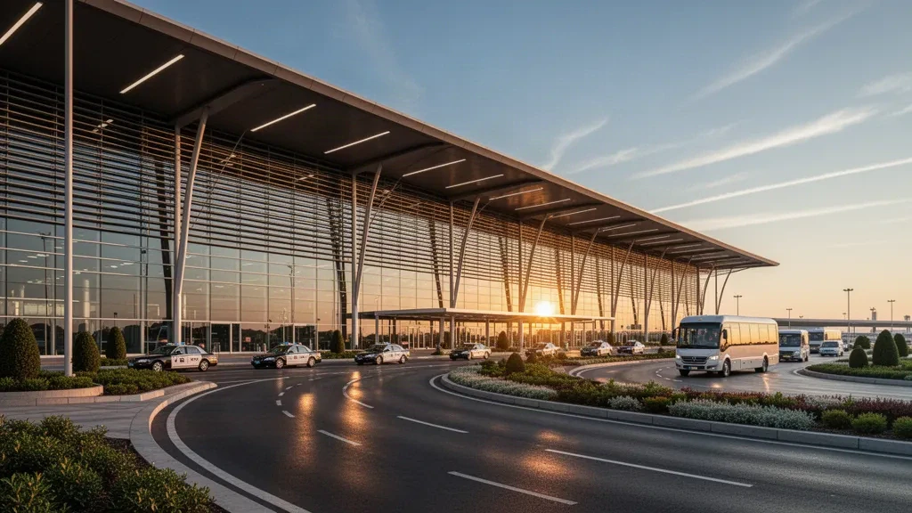 Exterior de una terminal aeroportuaria internacional moderna con fachada de cristal, carriles de desembarque y taxis bajo la cálida luz de la hora dorada