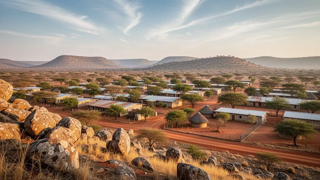 Hillside view over Kanye, the main town of Botswana's Southern District, with dry acacia savanna and low buildings at golden hour.