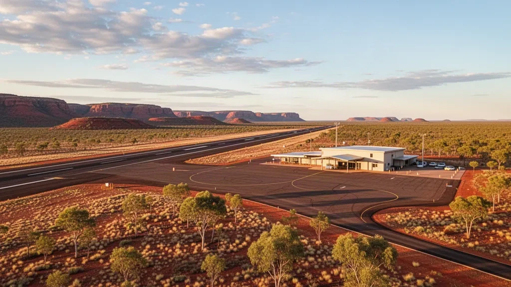 Vue large de l'aéroport de Halls Creek en Australie-Occidentale avec sa piste, son bâtiment terminal bas et le paysage rouge de l'outback à l'heure dorée.