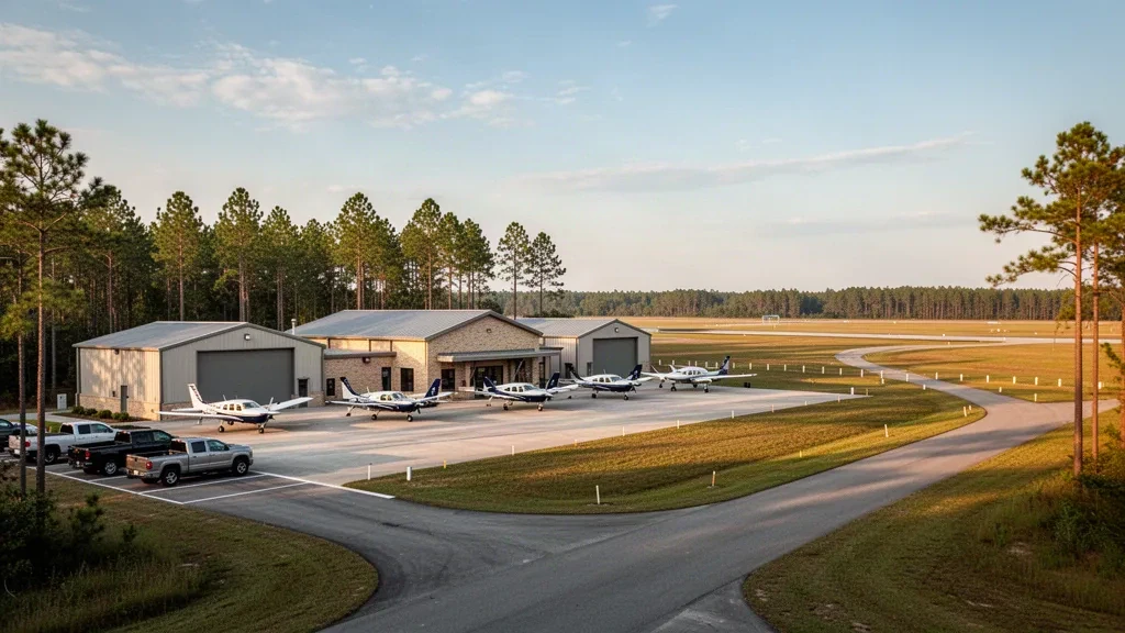 Single-engine aircraft and hangars on the apron at Cheraw Municipal Airport in South Carolina during golden hour