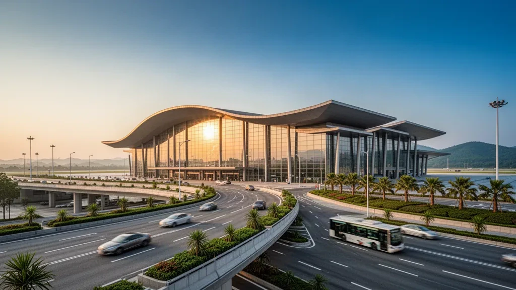 Modern glass terminal exterior at Chenzhou Beihu Airport with curved drop-off lanes and access roads at golden hour