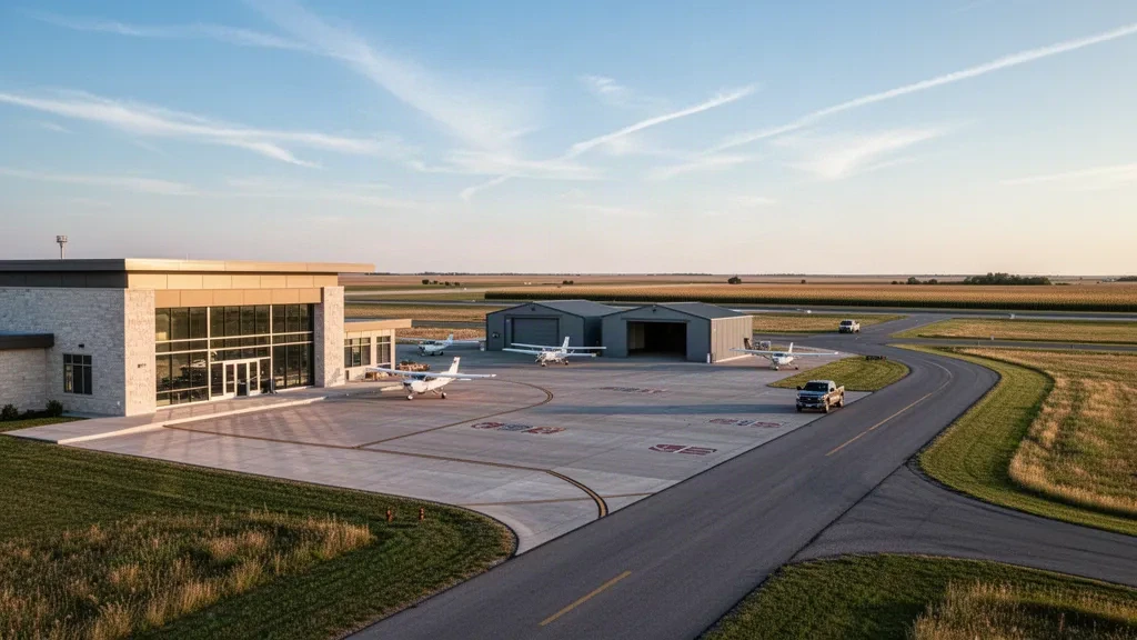 Brewster Field havaalanında genel havacılık apronu, hangarlar ve alçak terminal binası, Kearney, Nebraska yakınlarında, sıcak altın saat ışığında