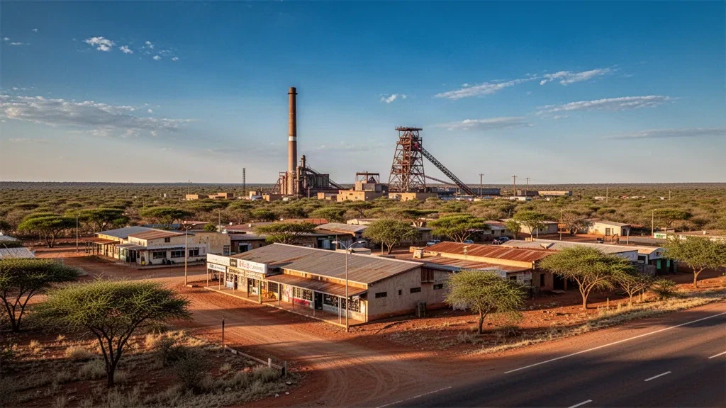 Toits de Selebi-Phikwe au Botswana avec le chevalement de la mine de cuivre-nickel et la fonderie s'élevant au-dessus du bush de mopane à l'heure dorée