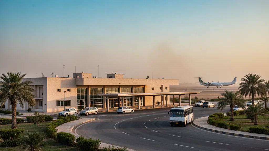 Pakistan'ın Sindh bölgesindeki Haydarabad Havalimanı terminalinin altın saatlerdeki görünümü; yol kenarı bırakma şeridi, palmiye ağaçları ve apron üzerinde uçaklar