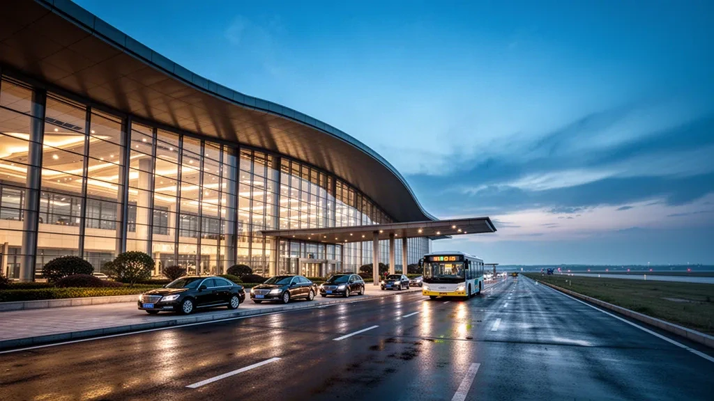 Extérieur moderne du terminal de l'aéroport de Handan au crépuscule avec façade vitrée, voies de dépose-minute et éclairage chaleureux dans le Hebei, en Chine