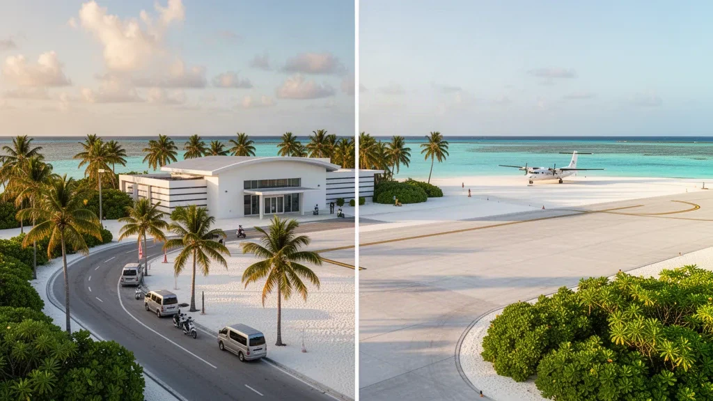Terminal moderno y blanco en el aeropuerto de Kulhudhuffushi, en Maldivas, rodeado de palmeras y una laguna turquesa bajo una cálida luz tropical