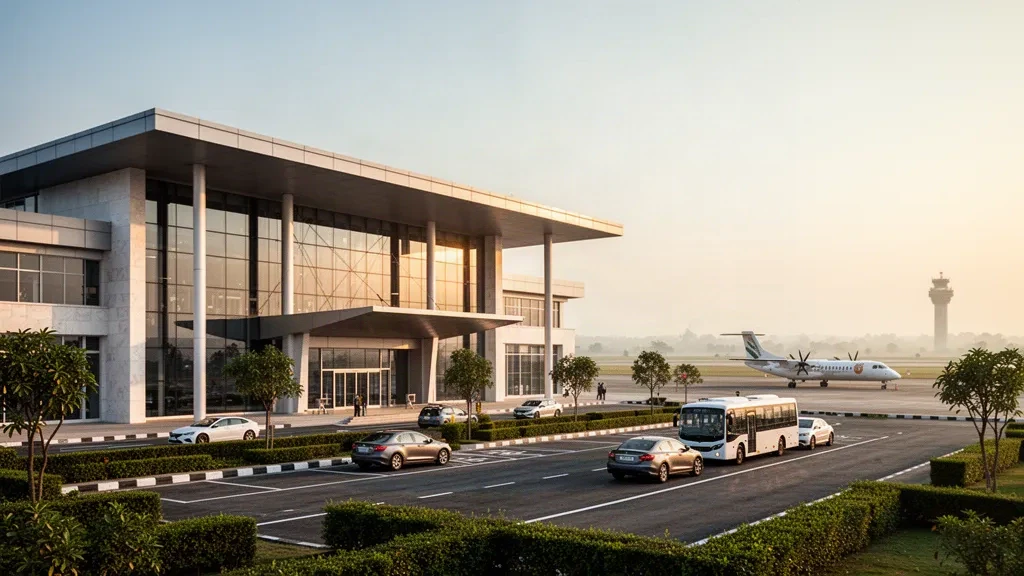 Terminal moderna de cristal y zona de bajada en la acera del aeropuerto de Hindon en Ghaziabad, India, iluminados por la cálida luz de la hora dorada