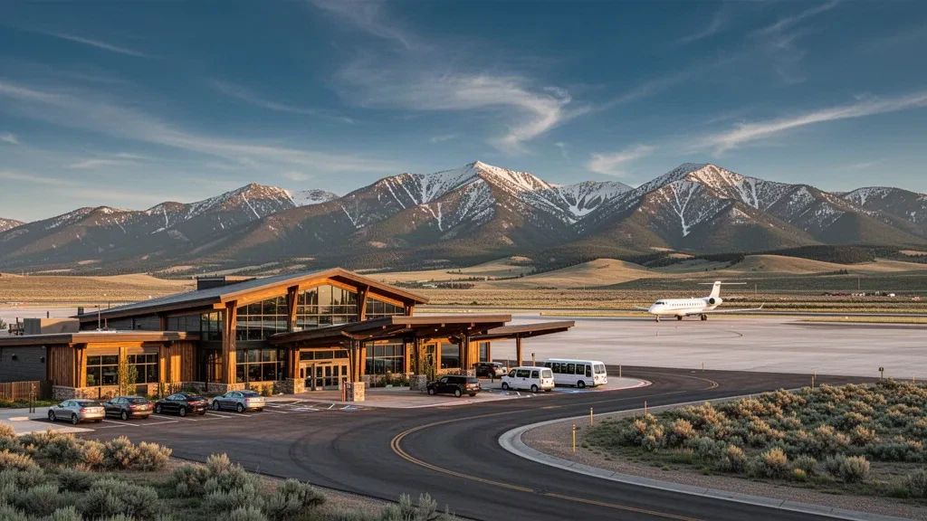 Hayden, Colorado yakınlarındaki Yampa Valley Bölgesel Havaalanı'nda altın saatte karla kaplı Rocky Dağı zirveleriyle çevrili modern ahşap ve cam terminal