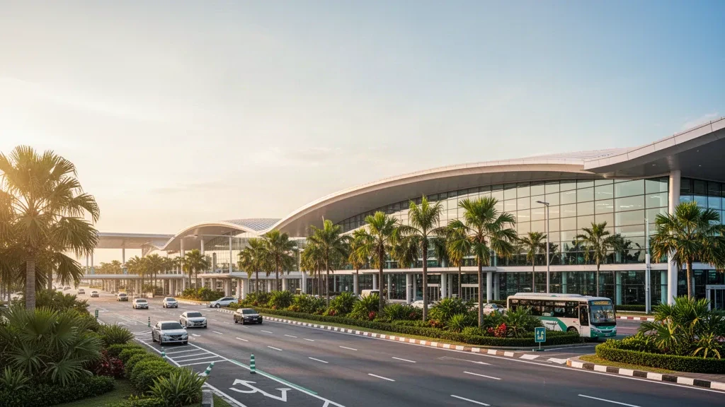 Facciata moderna in vetro del terminal dell'Aeroporto Internazionale di Hat Yai nel sud della Thailandia, incorniciata da palme tropicali durante l'ora d'oro.