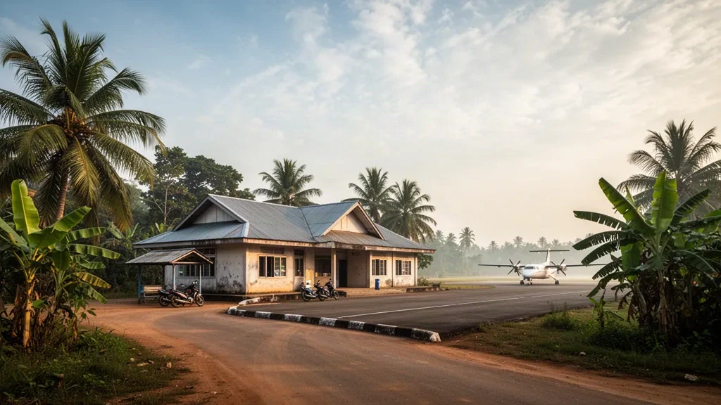 Edificio terminal tropicale basso e piazzale erboso all'Aeroporto di Hinthada in Myanmar sotto la luce calda del tardo pomeriggio