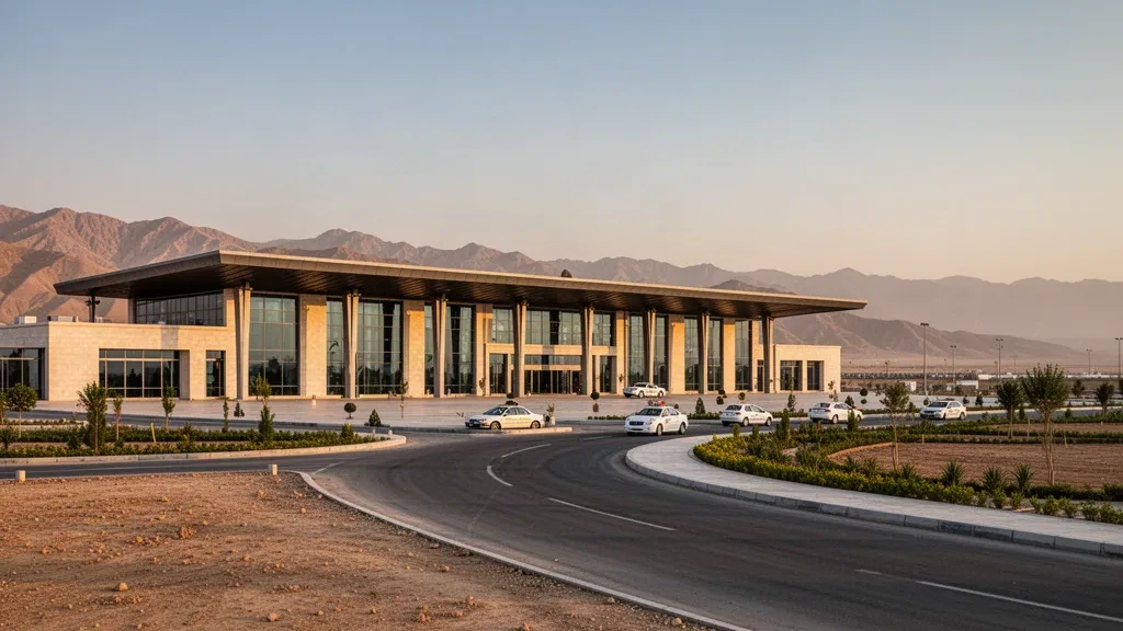 Modernes Glas-Terminal und Zufahrtsstraße am Herat International Airport in Afghanistan, umrahmt von trockenen Bergen in warmem Licht zur goldenen Stunde