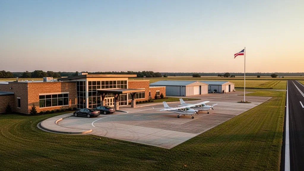 Pequeña terminal de aviación general y plataforma de aeronaves ligeras en el aeropuerto Thompson-Robbins, en Helena, Arkansas, durante la hora dorada