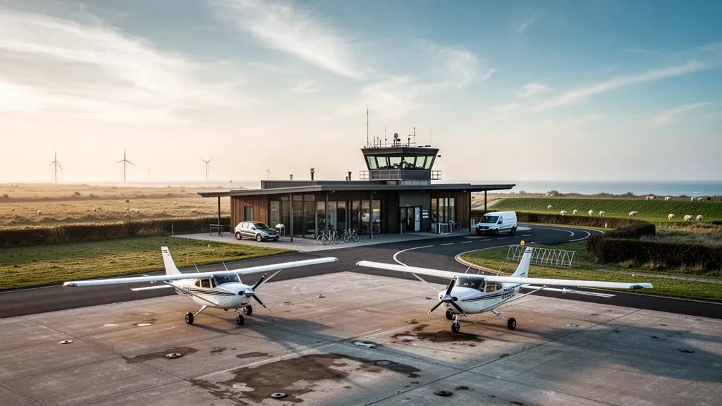 Small regional airfield apron and modern terminal at Heide-Büsum Airport in golden evening light on the North Sea coast