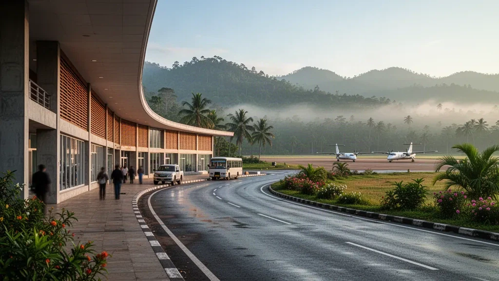 Terminal régional et aire de trafic de l'aéroport de Heho dans l'État Shan, au Myanmar, entouré de collines verdoyantes dans une douce lumière matinale