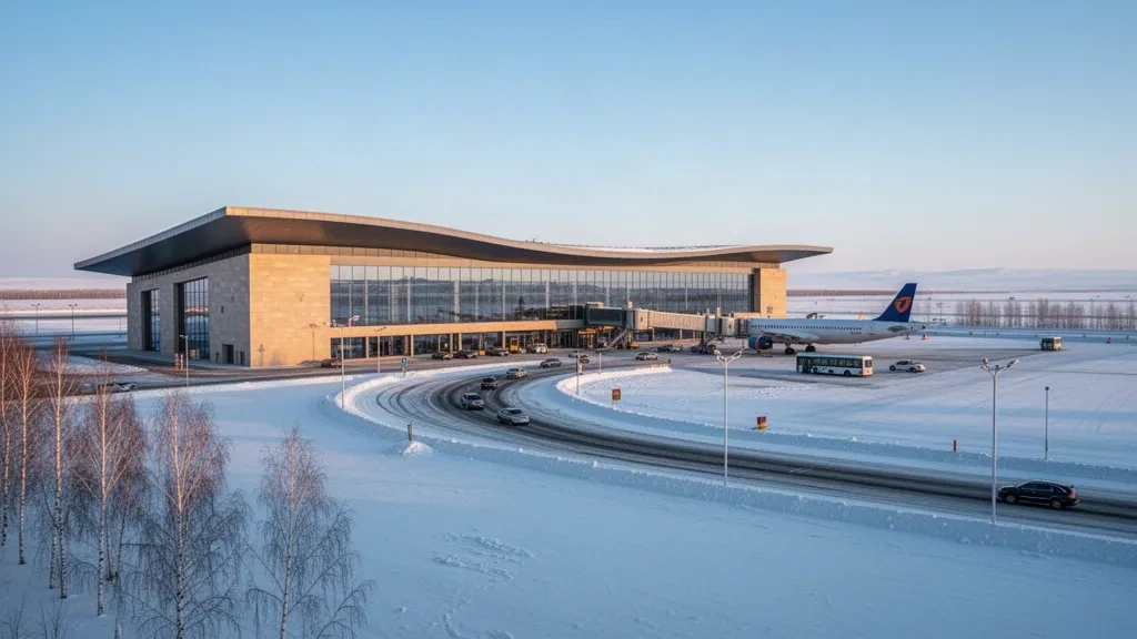 Modern terminal exterior at Heihe Aihui Airport in Heilongjiang, China, at winter golden hour with a snow-dusted apron and access road