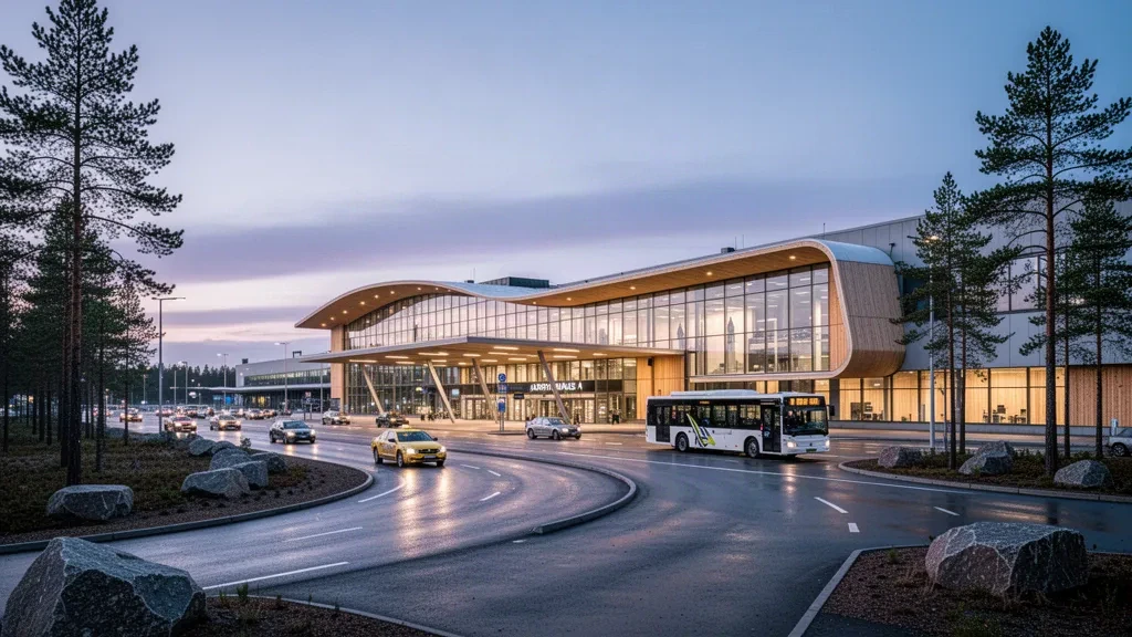Exterior de la terminal del aeropuerto de Helsinki-Vantaa al atardecer con fachada de cristal curvo y madera, carriles de descenso y luz del crepúsculo nórdico
