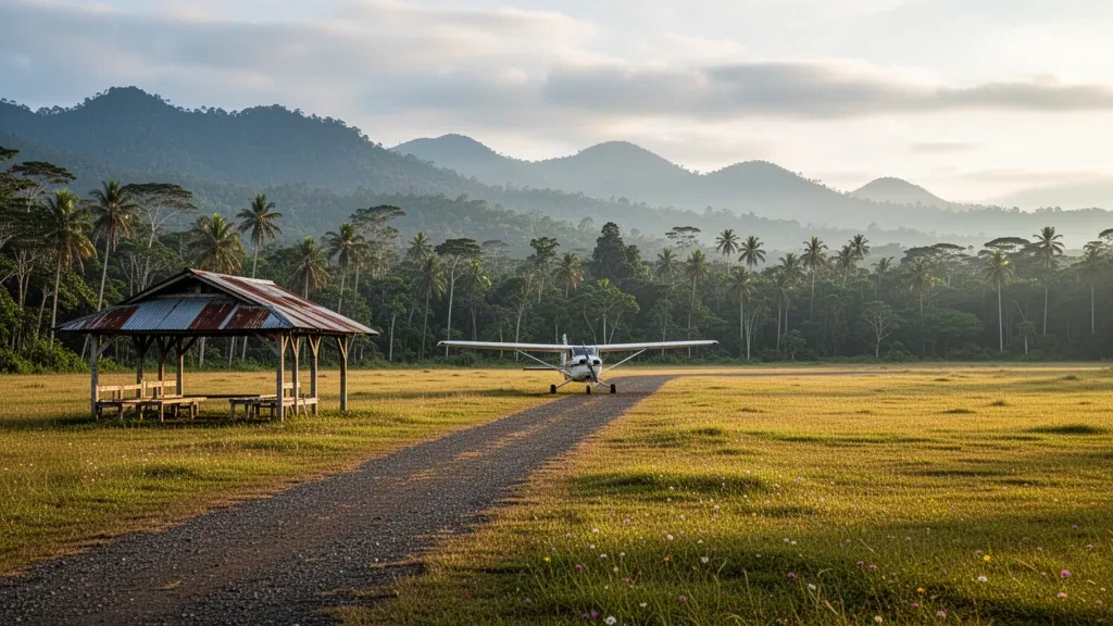 Small tropical airstrip at Haelogo Airport in Papua New Guinea, framed by rainforest ridges under soft humid afternoon light.