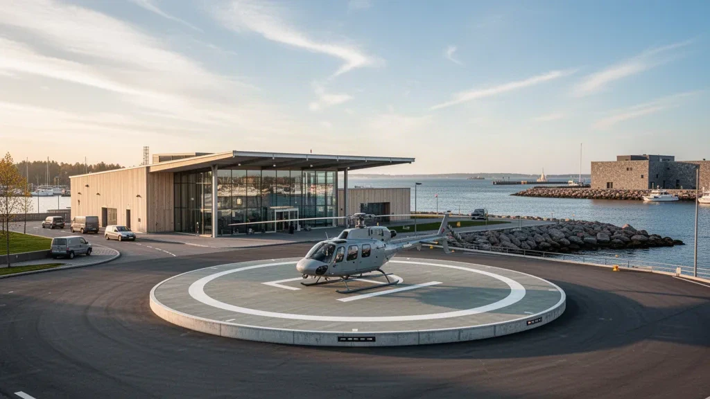 Helsinki'de modern sahil heliportun üzerinde iniş pistinde bir helikopter, cam terminal ve altın saatlerde Baltık Denizi silüeti