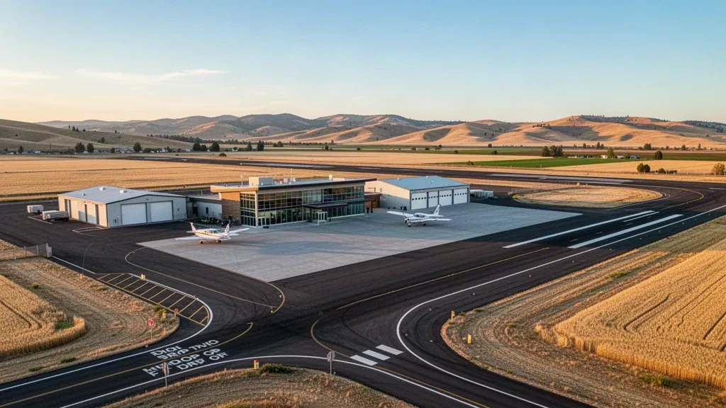 Modern terminal and runway at Hermiston Municipal Airport in Oregon during golden hour with clear skies.