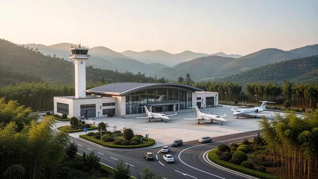 Modern terminal, control tower and apron at Dongyang Hengdian General Airport in Zhejiang, framed by green hills at golden hour