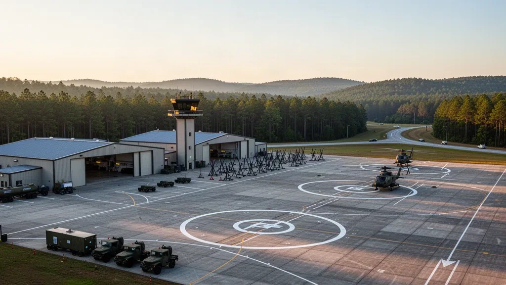Golden-hour view of a US Army training heliport apron, hangars and pine woods at Fort Novosel, Alabama, home of Hanchey Army Heliport.