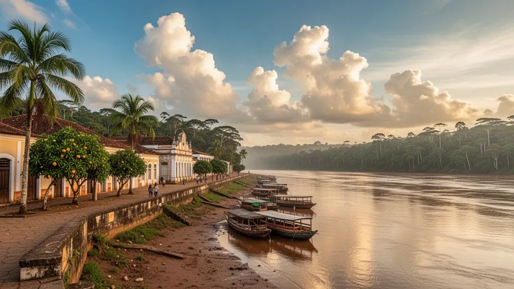 Storico lungofiume di Rio Branco, Acre, Brasile lungo il fiume Acre con edifici sul lungofiume, imbarcazioni e orizzonte della foresta pluviale amazzonica
