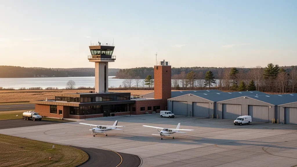 Aeronave de aviación general en la plataforma del Aeropuerto Hartford Brainard, con hangares, torre de control y el río Connecticut a lo lejos durante la hora dorada